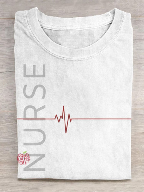 Nurse Texts And Heartbeat Graphic Printed T-shirt