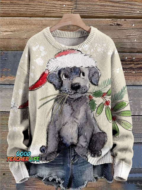Christmas Hat Dog Funny Cute Print Knit Pullover Sweater