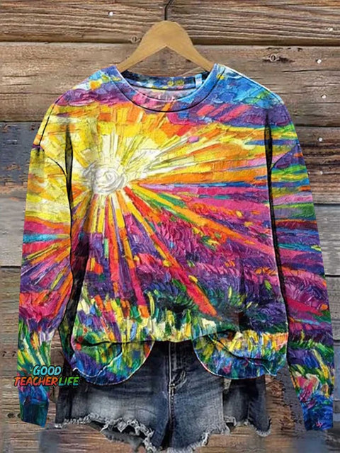 Retro Colorful Oil Painting Sunshine Field Casual Sweatshirt