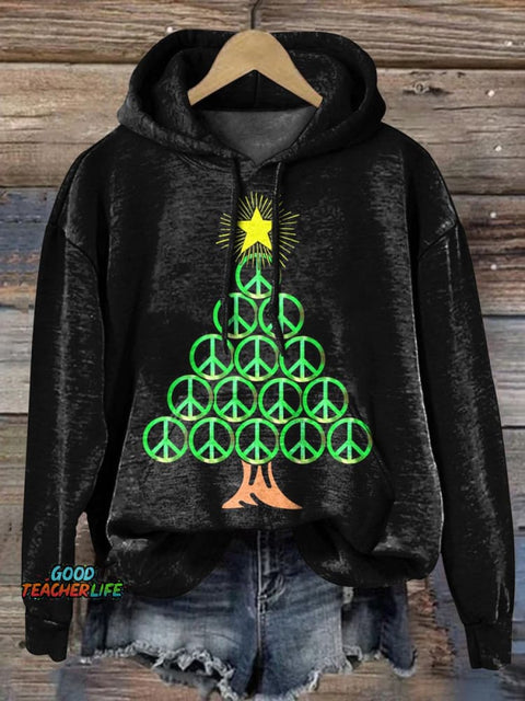 Peace Sign Christmas Tree Graphic Printed Casual Sweatshirt