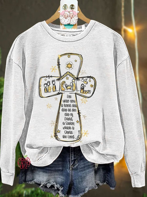 Jesus Christmas Cross Nativity Scene Oh Holy Night Casual Sweatshirt