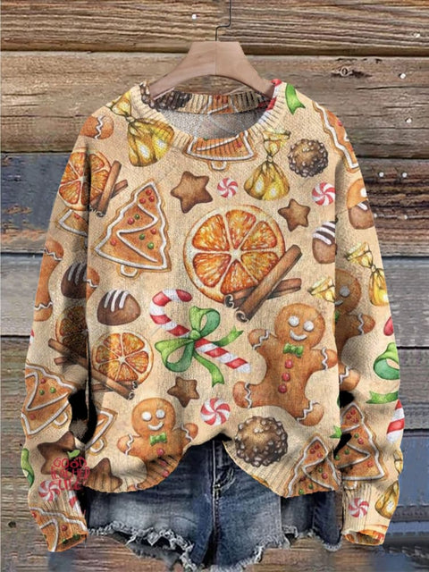 Christmas Gingerbread Man Cookies Gift Spice Orange Print Knit Pullover Sweater