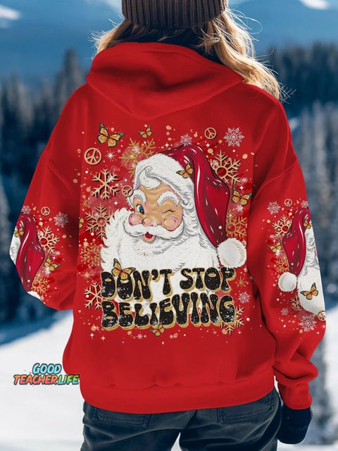 Women's Don't Stop Believing Christmas All Over Print Casual Hoodie Sweatshirt