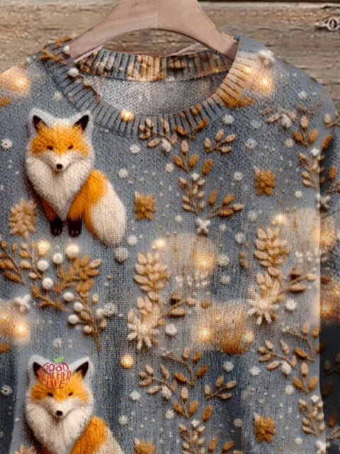 Christmas Gift Fox Art Print Knit Pullover Sweater