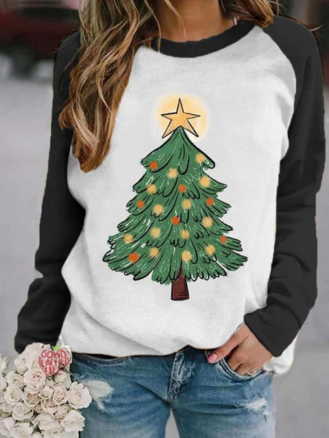 Women's Lovely Christmas Tree Art Print Casual Long Sleeve Sweatshirt