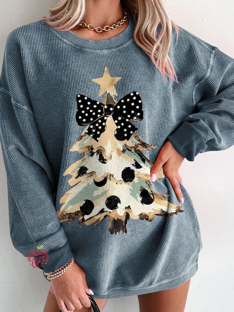 Women's Camo Coquette Bow Christmas Tree Casual Print Corduroy Sweatshirt