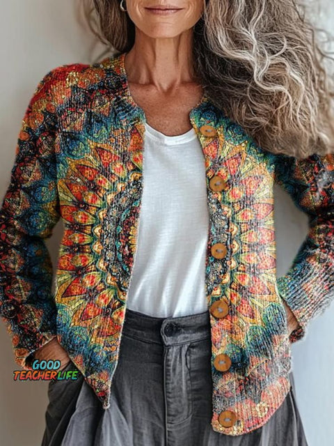Retro Ethnic Totem Pattern Love and Peace Print Buttoned Cardigan Sweater
