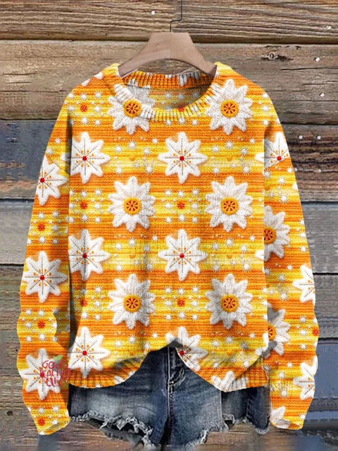 Christmas Flowers Print Knit Pullover Sweater