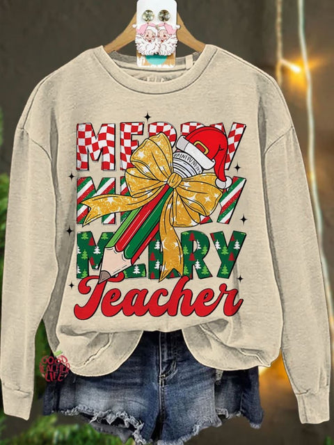 Christmas Pencil Tree Teacher Coquette Bow Casual Sweatshirt