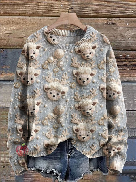 Christmas Reindeer Cute Reindeer Cozy Snow Ivory Blue Winter Print Knit Pullover Sweater