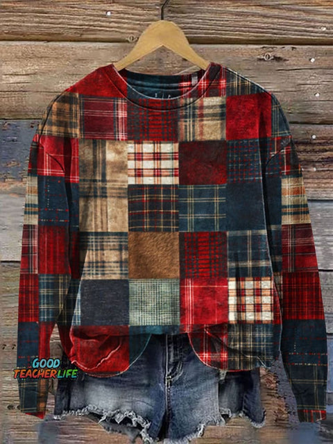 Retro Christmas Patchwork Art Prrint Casual  Sweatshirt