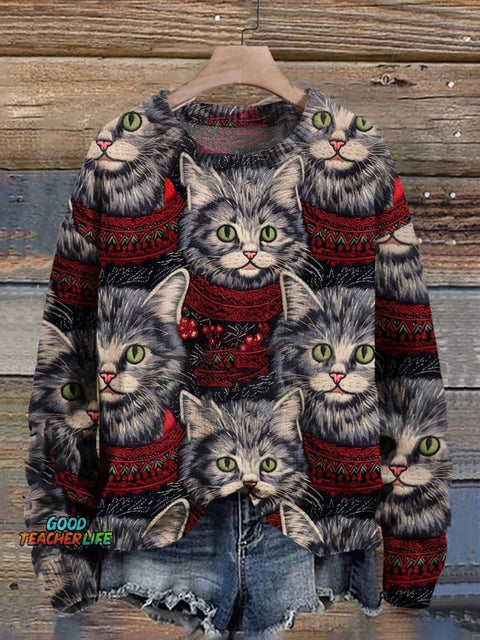 Retro Cat Christmas  Print Knit Pullover Sweater