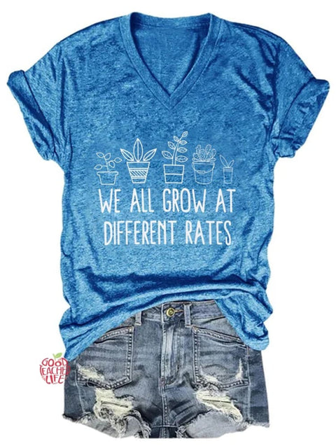 Women's We All Grow At Different Rates Teacher V-neck T-shirt