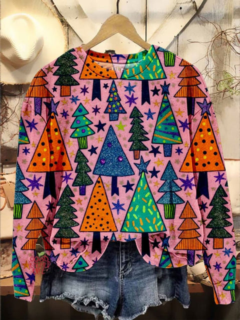 Neon Glittery Christmas Trees Print Casual Sweatshirt