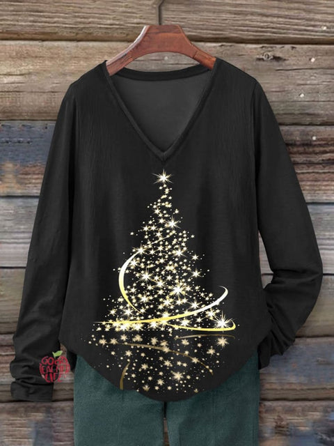 Christmas Light Art Print Cotton 100% Casual V-neck Long Sleeve T-shirt