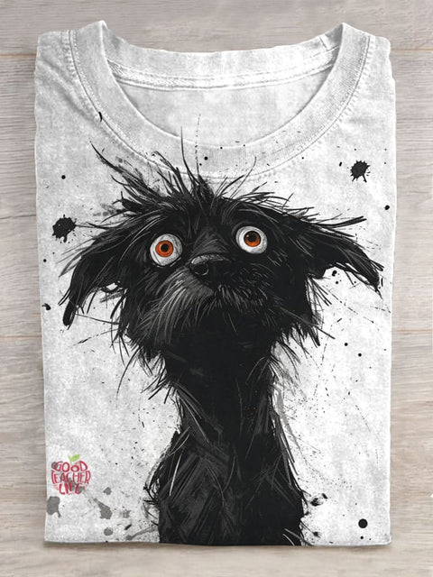 Funny Cute Black Dog Art Print Casual T-Shirt