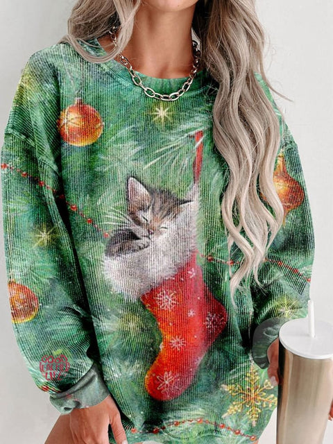 Women's Merry Christmas Cute Cat Sleeping In Christmas Socks Casual Print Sweatshirt