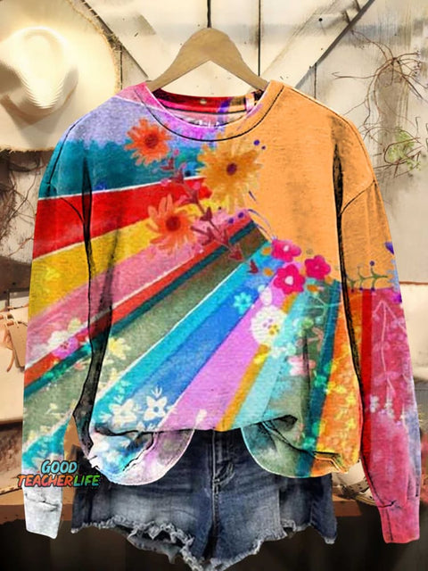 Retro Sunshine Flower Pattern Casual Sweatshirt