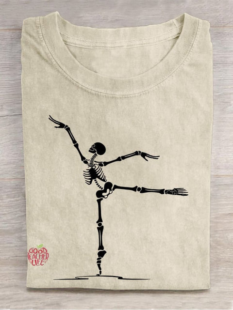 Dancing Skeleton Ballet Teacher Casual Print T-shirt