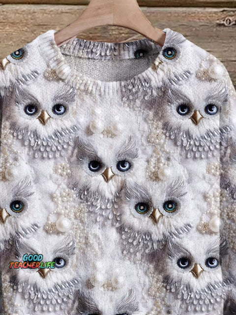 Christmas Gift Owl Art Print Knit Pullover Sweater