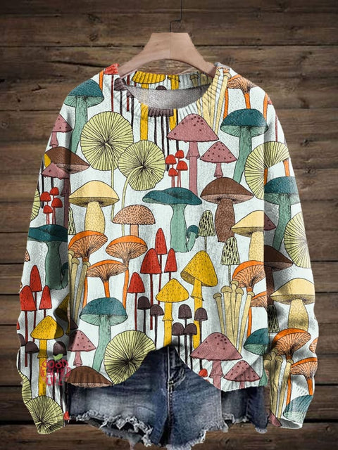 Mushroom Art Print Knit Pullover Sweater