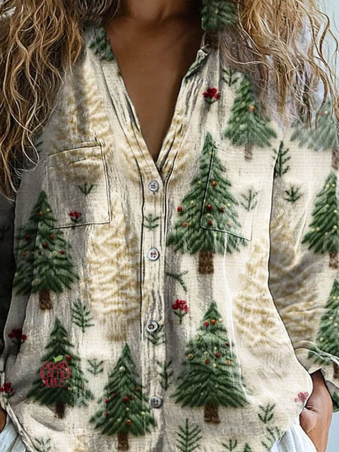 Women's Lovely Christmas Tree Art Print Casual Long Sleeve Comfortable Cotton Shirt