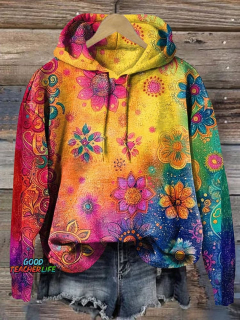 Retro Floral Rainbow Pattern Love and Peace Art Casual Hoodie Sweatshirt