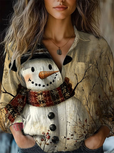 Women's  Retro Snowman Art Print  Casual Long Sleeve Comfortable Cotton Shirt