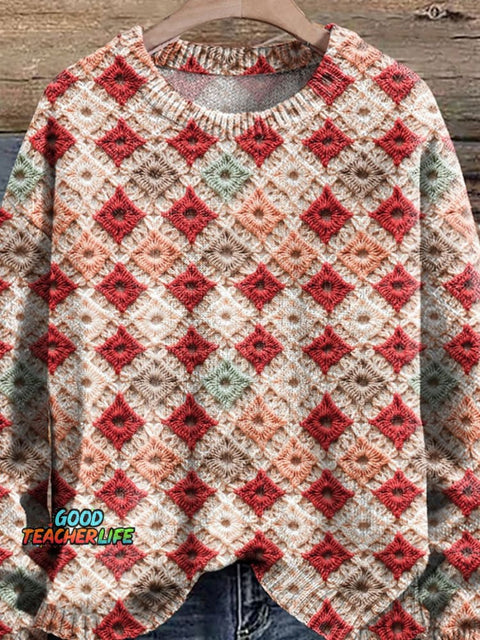 Christmas Diamond Loop Pattern Print Knit Pullover Sweater