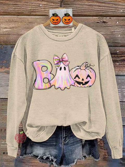 Retro Iridescent Ghost Pumpkin Pink Ghost Halloween Print Sweatshirt