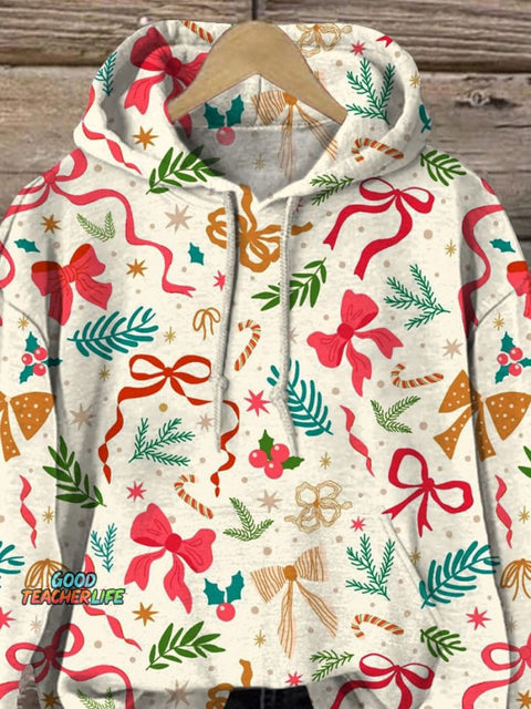Christmas Ribbon Repeat Pattern Printed Casual Sweatshirt