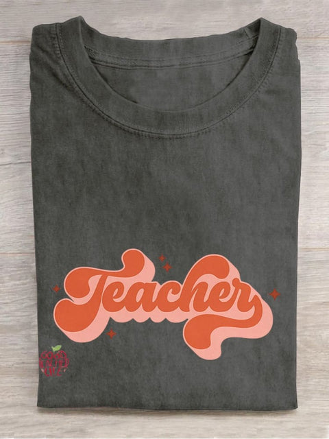 Retro Teacher Casual Print T-shirt