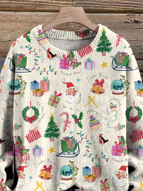 Retro Watercolor Christmas Pattern Printed Knit Pullover Sweater