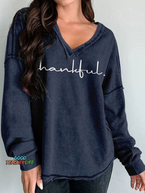 Thankful Womens Thanksgiving Women's Print Long Sleeve V-neck Comfortable Cotton Shirt