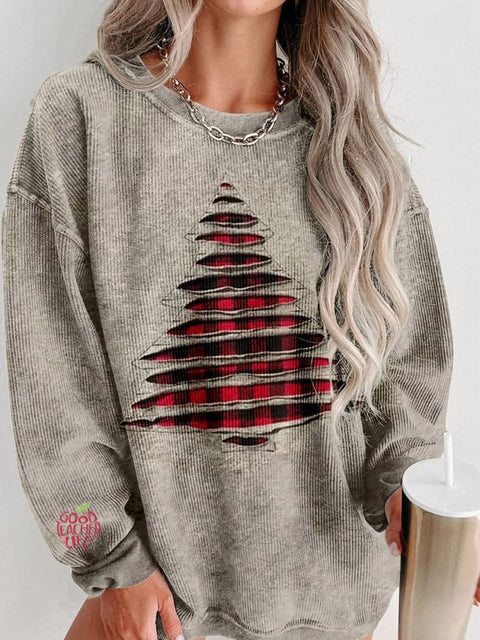 Plaid Christmas Tree Women's  Casual Print Corduroy Sweatshirt