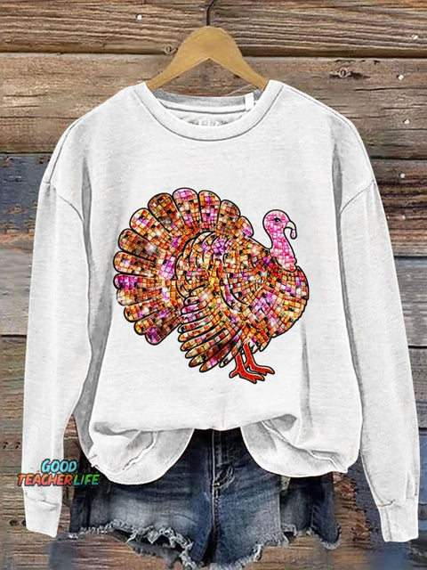 Thanksgiving Turkey Disco Ball Thanksgiving Casual Print Sweatshirt