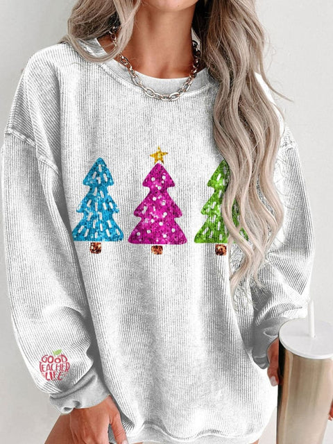 Women's Christmas Tree Casual Print Corduroy Sweatshirt