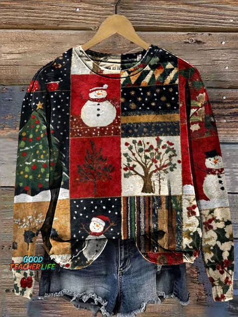 Retro Christmas Patchwork Art Prrint Casual  Sweatshirt