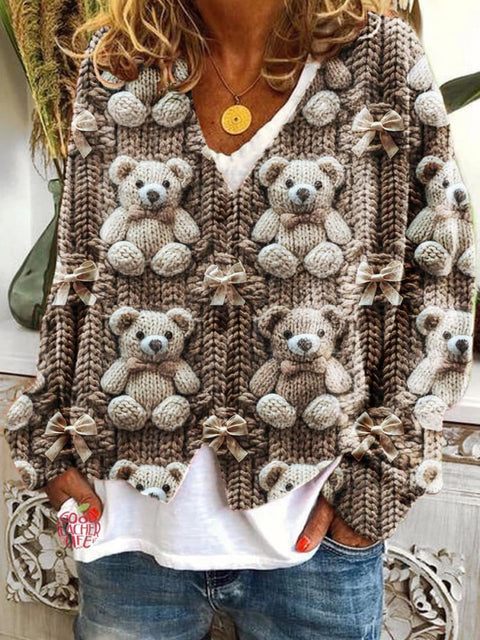 Bear Pattern Art Print Buttoned V-neck Cardigan Sweater