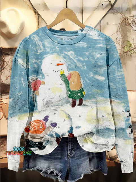 Cute Snow Scene Christmas Casual Print Sweatshirt
