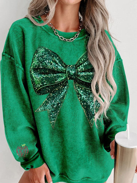 Green Christmas Glitter Bow Print Women's Casual Sweatshirt