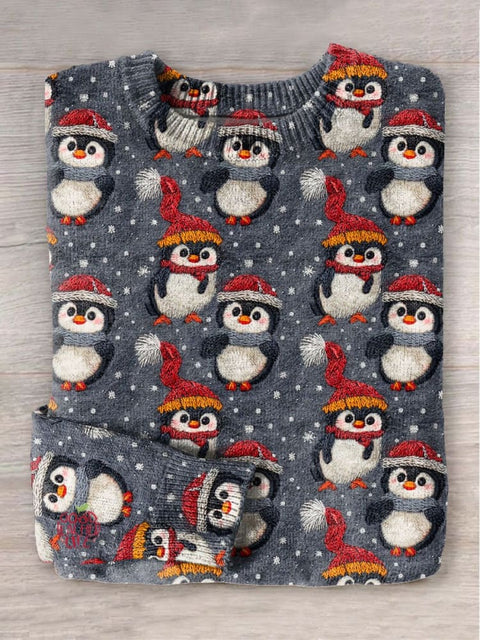 Cute Penguins Winter Christmas Art Print Knit Pullover Sweater