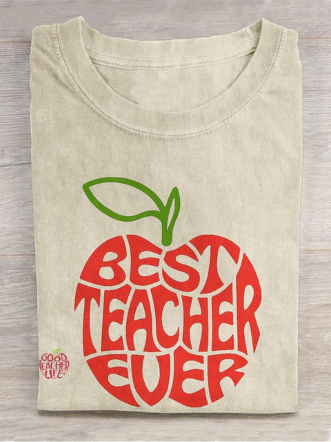 Best Teacher Ever Teach School Worker Apple Casual Print T-shirt