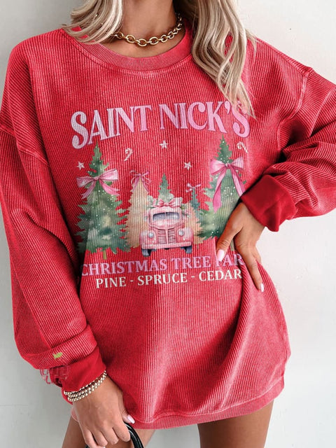 Women's Coquette Pink Christmas Tree Farm Casual Print Sweatshirt