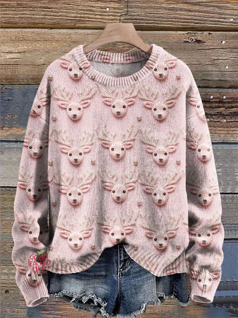 Pink Reindeer Girly Christmas Print Knit Pullover Sweater