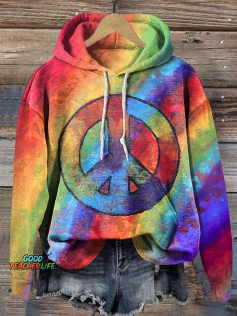 Retro Peace Sign Love and Peace Rainbow Casual Hoodie Sweatshirt