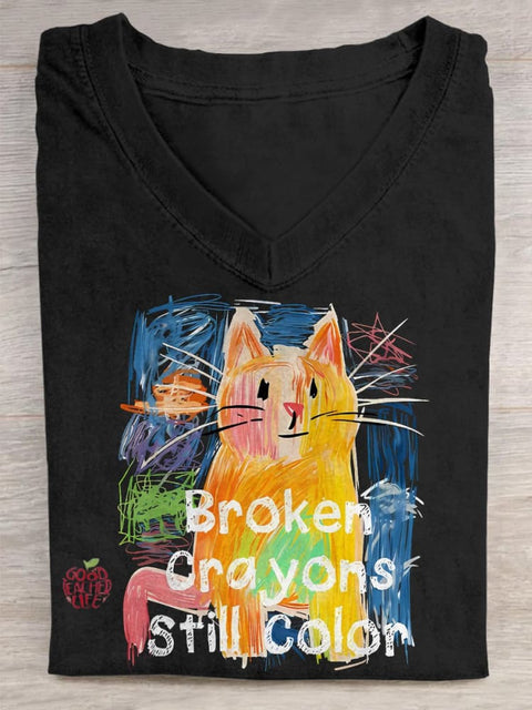 Broken Crayons Still Color Cat Teacher V-neck Casual T-Shirt