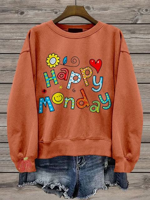 Happy Monday Teacher Casual Print Sweatshirt