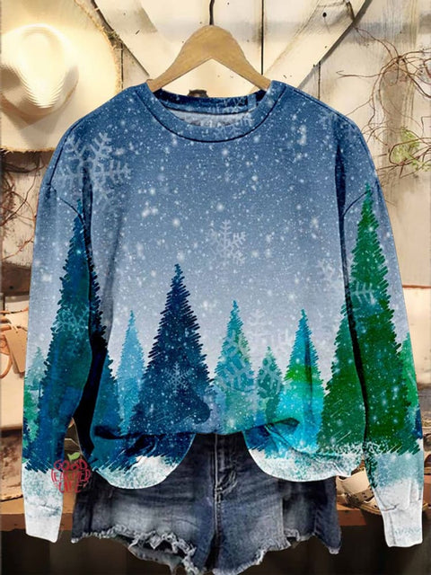 Retro Christmas Snow Scene Casual Print Sweatshirt