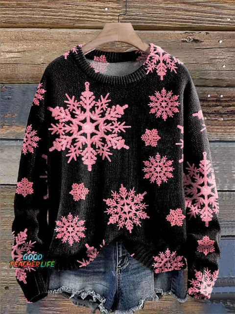 Christmas Pink snowflake Print Knit Pullover Sweater
